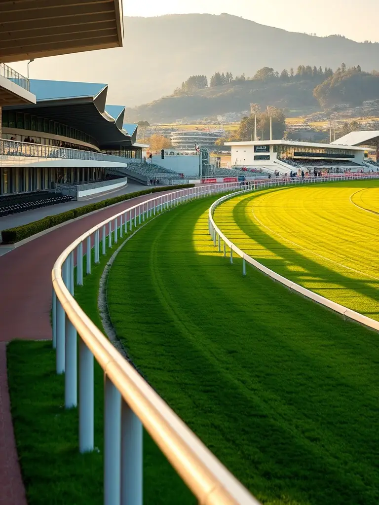 A well-maintained racetrack with lush green grass and modern facilities, representing FRANCE GALOP's commitment to providing excellent racing environments.