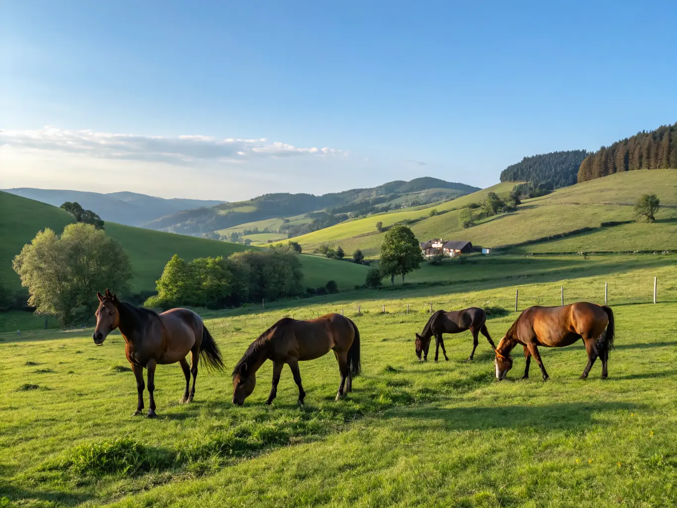 A serene image of a horse breeding farm supported by FRANCE GALOP, featuring foals and mares grazing peacefully in a green pasture.