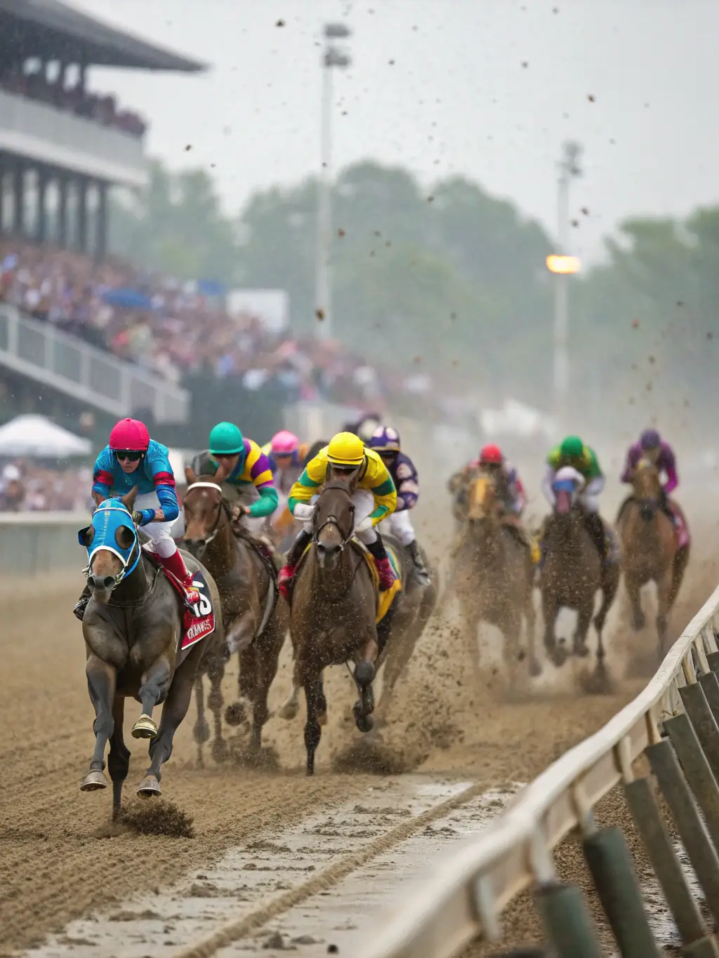 A vibrant photo of horses racing at full speed on a sunny day at a FRANCE GALOP racetrack, showcasing the excitement and energy of the sport.