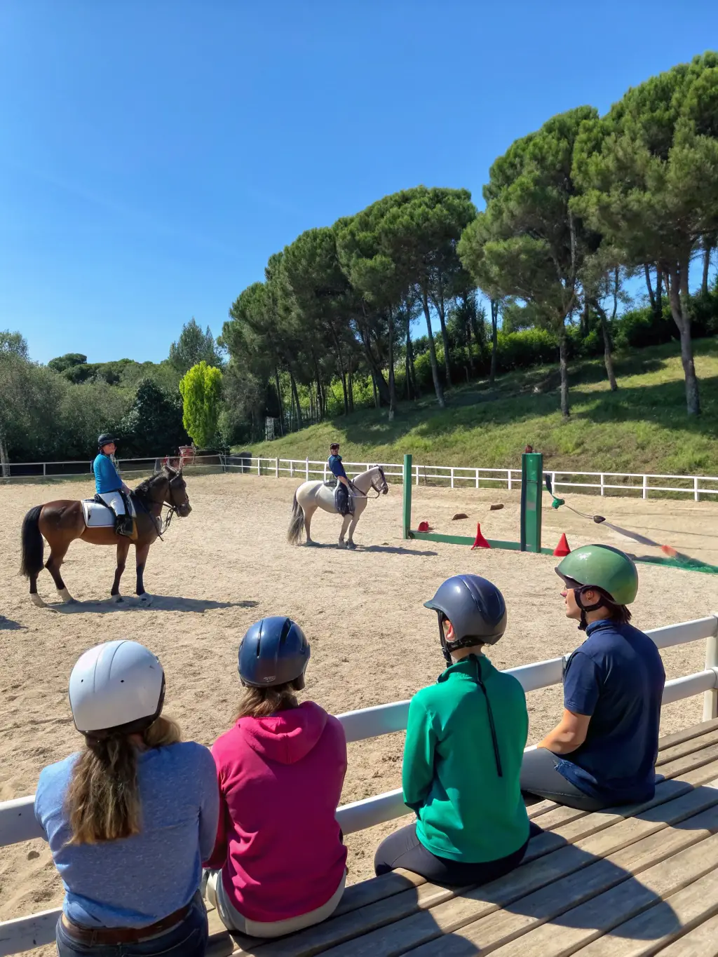 A group of young riders participating in an equestrian training program supported by FRANCE GALOP, demonstrating the organization's investment in future talent.