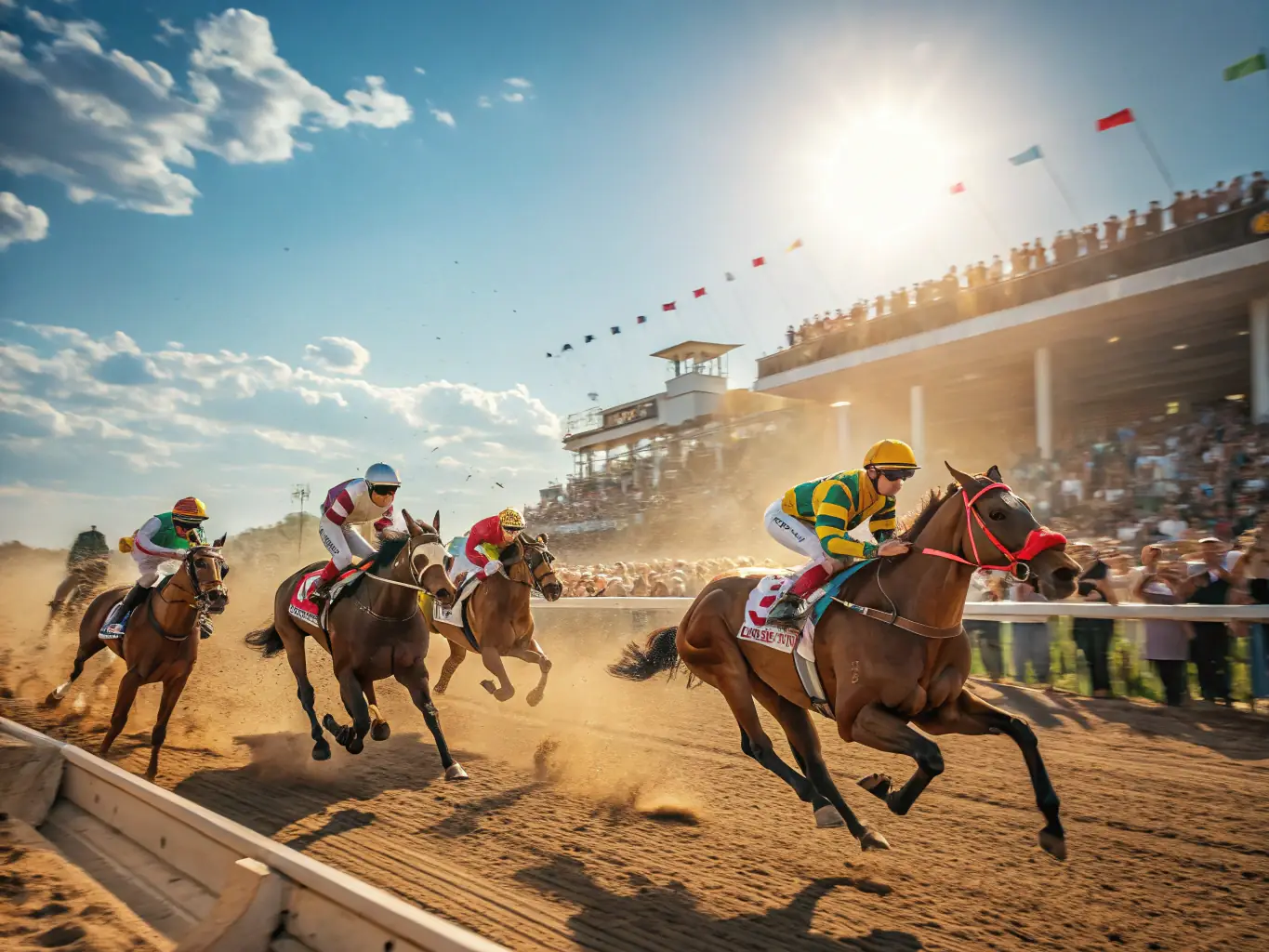 A dynamic image capturing the excitement of a horse race organized by FRANCE GALOP, showcasing the speed and skill of the horses and jockeys.
