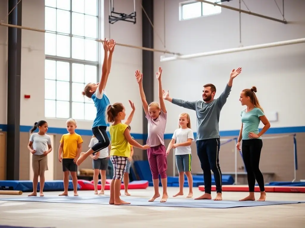 A lively workshop with participants trying out new gymnastics tricks under instructor supervision, promoting the workshops and special events hosted by Pertuis Gymnastique.