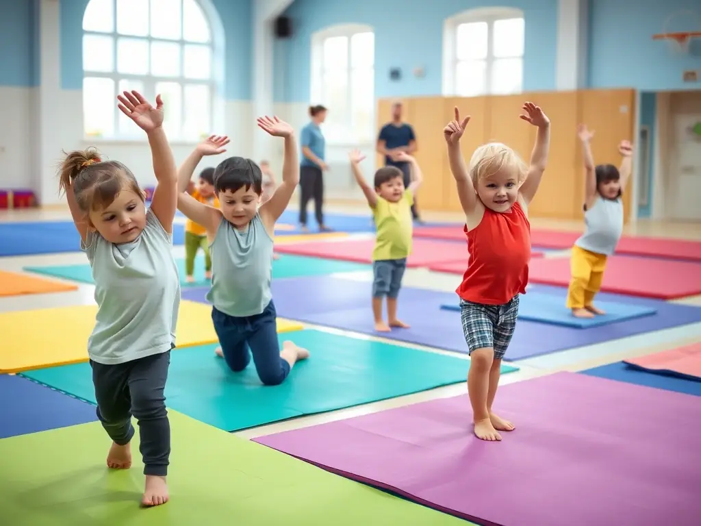 A group of children and adults practicing gymnastics on mats and equipment in a bright, welcoming gymnasium, showcasing the recreational gymnastics classes offered by Pertuis Gymnastique.