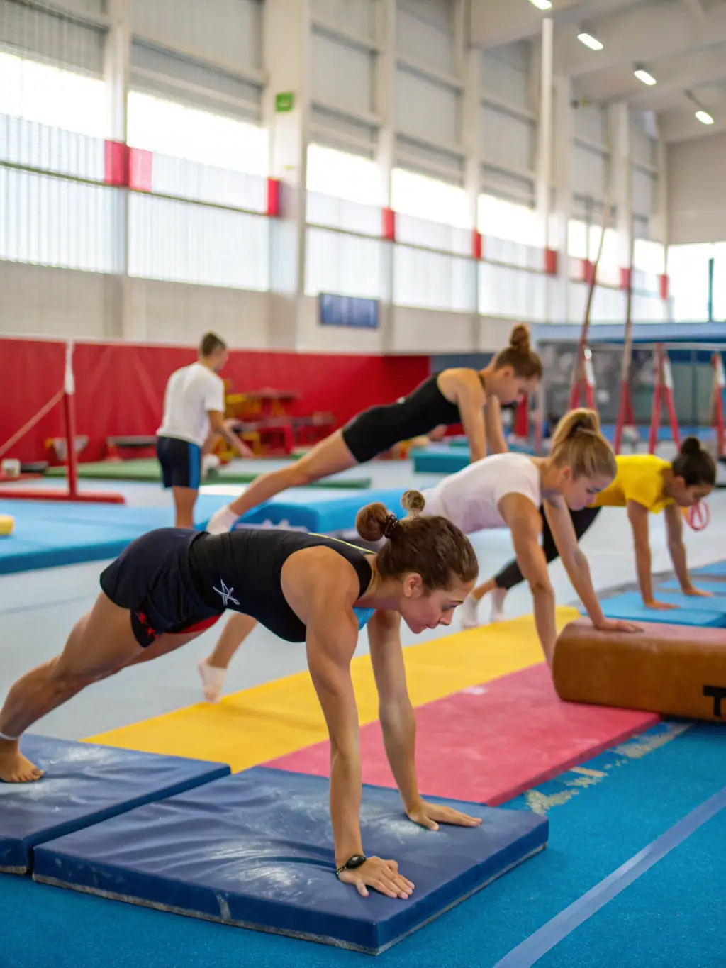 A group of gymnasts of varying ages and skill levels laughing and supporting each other during a training session, emphasizing the supportive community at Pertuis Gymnastique.