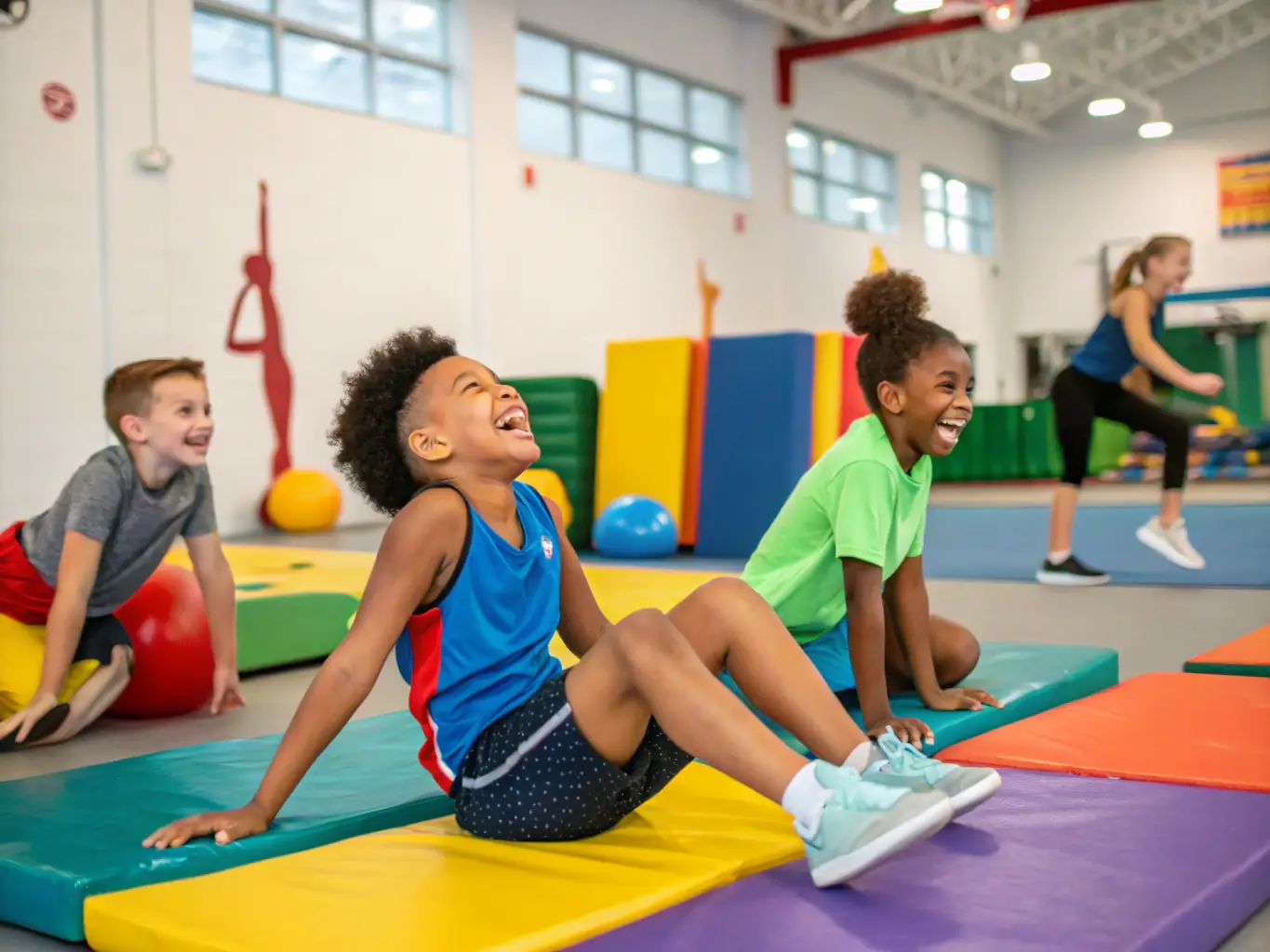 A group of young children participating in a recreational gymnastics class, focusing on basic movements and having fun, with a coach supervising them in a safe and supportive environment.