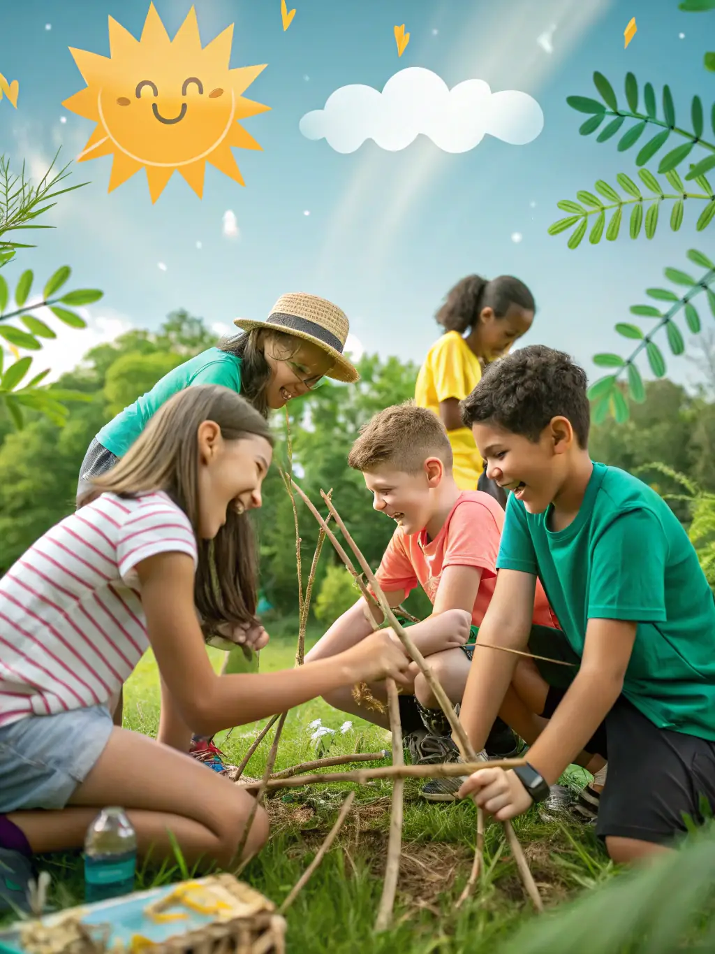 A group of children and adults collaboratively creating a large-scale sculpture from natural materials during a community art day.